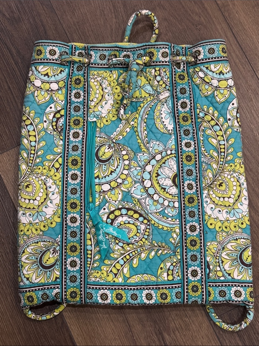 Vera Bradley Patterned Quilted Cotton cinch style backpack in Teal and Lime